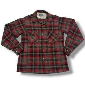 Vintage 60s Pendleton Wool Board Shirt Long Sleeve Red Gray Plaid Sz M